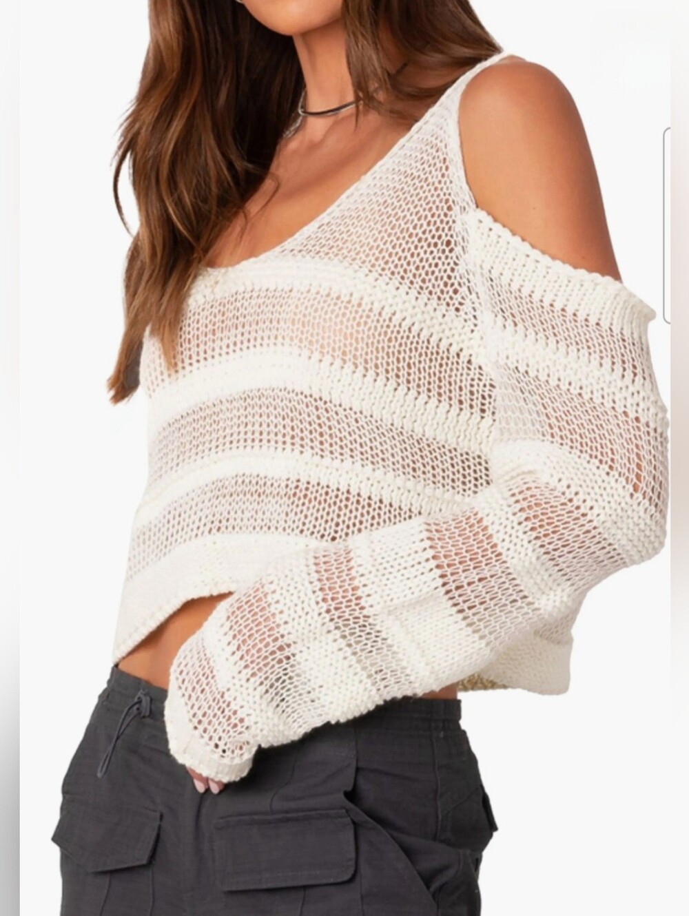 EDIKTED Open Stitch Cold Shoulder Cotton Sweater Sz M